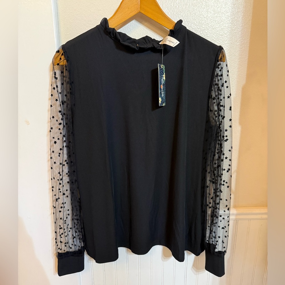 NWT Elegant Black Blouse with Sheer Star Sleeves